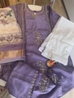 Lavender Embroidered Kurta Pant Set with Dupatta - Image 2