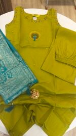 Peach Embroidered umbrella frock party wear - Image 2
