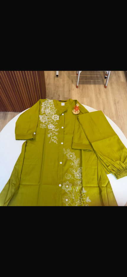 Olive Green Embroidered Kurta Pant Set