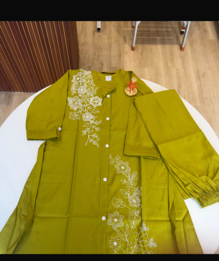 Olive Green Embroidered Kurta Pant Set